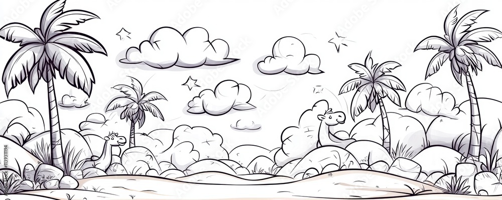 Cartoon Desert Oasis with Camels and Palm Trees Cartoon Desert Oasis with Camels and Palm Trees