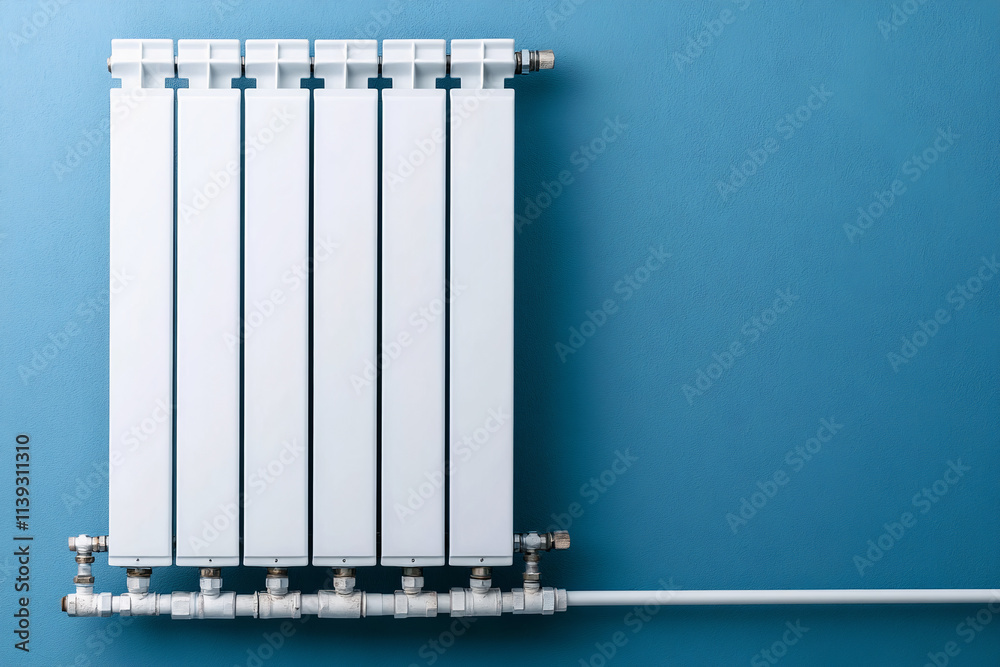 white metal heating radiator hanging on a blue wall connected by pipes to central heating white metal heating radiator hanging on a blue wall connected by pipes to central heating