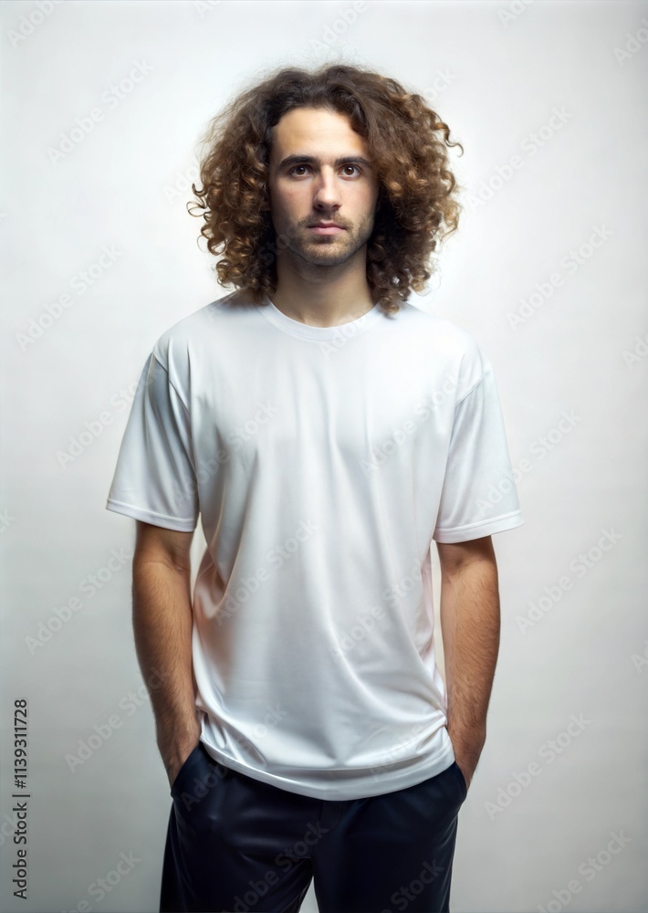 Obraz premium medium length curly hair beard male model blank white oversize t-shirt mock up white label clean background