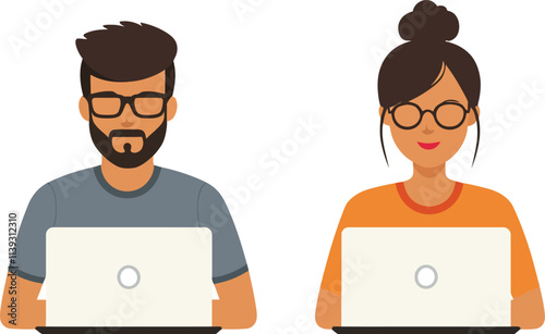 man and woman working in their laptop flat vector art