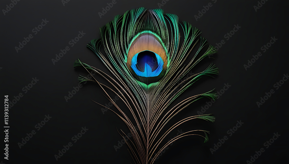 Obraz premium “Peacock Feather Close-Up on Solid Background” – A stunning macro view of a vibrant peacock feather with iridescent blues and greens, displayed against a solid black background, symbolizing Indian ele