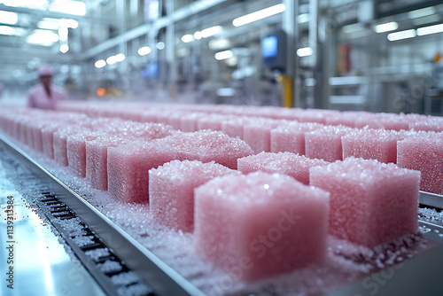 Refining sugar in a modern factory, featuring large vats of syrup, crystallization machines, and packaged sugar bags. Perfect for food and industrial-focused designs photo