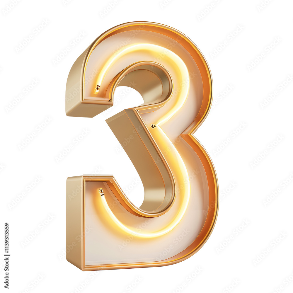Golden Number Three with Neon Lights Representing Winning Award Concept on Transparent Background