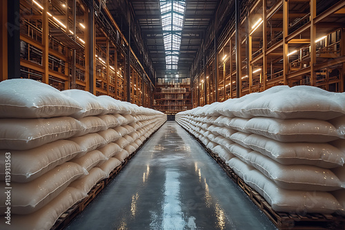 Refining sugar in a modern factory, featuring large vats of syrup, crystallization machines, and packaged sugar bags. Perfect for food and industrial-focused designs