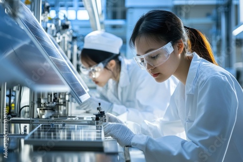 Technicians testing solar equipment in a laboratory setting filled with advanced technology showcasing the research and development efforts driving the solar energy sector