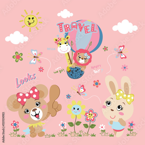 Wallpaper Mural Adorable animal vector traveling by colorful hot air balloon. Whimsical and cheerful adventure.
 Torontodigital.ca