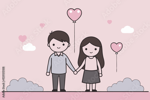 A couple holding hands under a pink sky filled with heart-shaped balloons