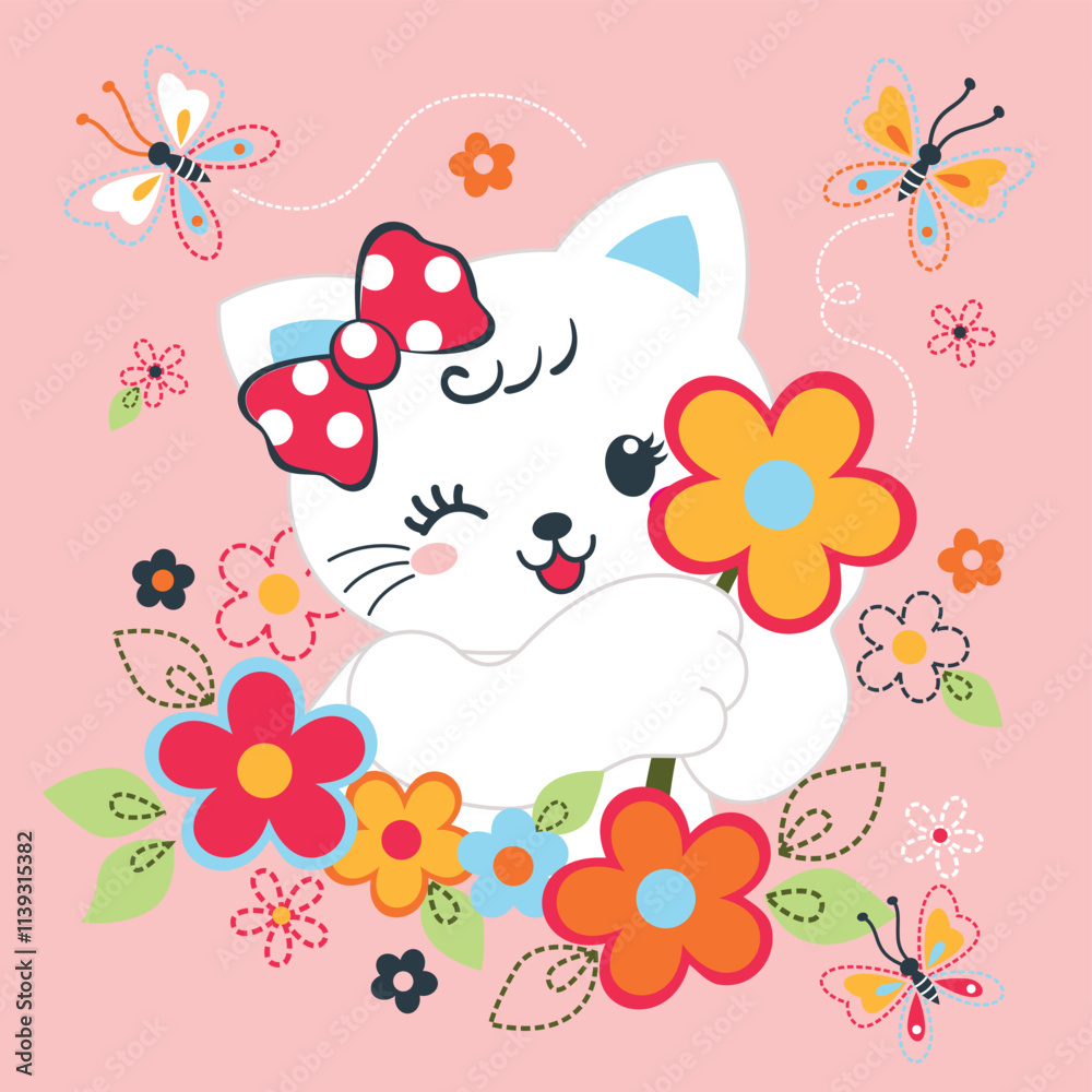 Adorable cat vector illustration with vibrant flower and butterfly decorations Adorable cat vector illustration with vibrant flower and butterfly decorations