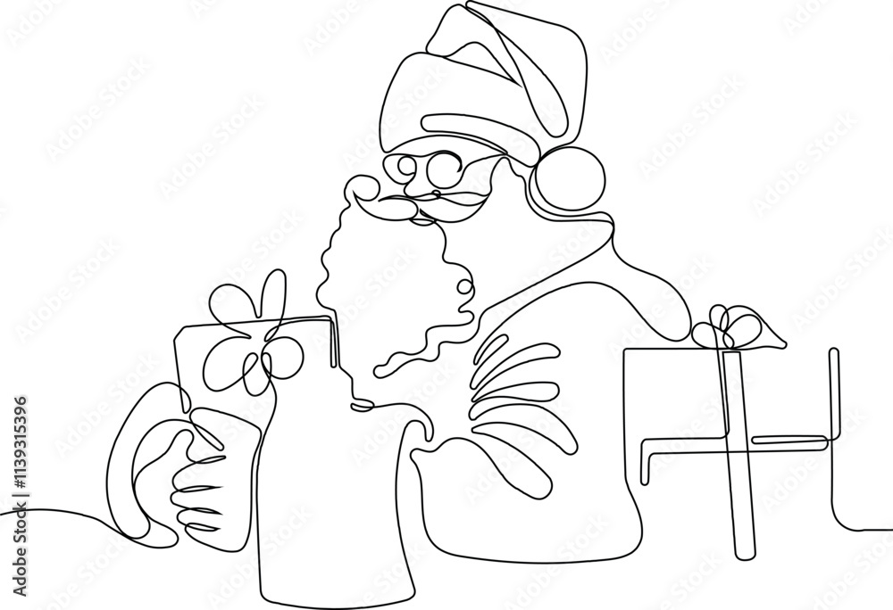 One continuous line drawing Santa Claus on reindeer and sled. concept for Christmas and New Year. vector illustration. Vector illustration One continuous line drawing Santa Claus on reindeer and sled. concept for Christmas and New Year. vector illustration. Vector illustration