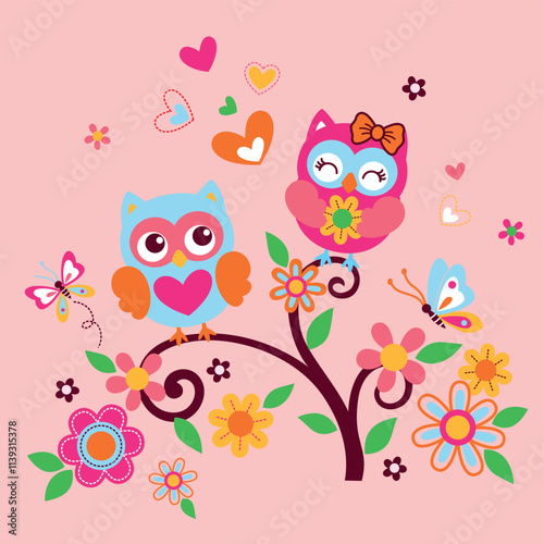 Adorable owl vector illustration with beautiful flower decoration photo