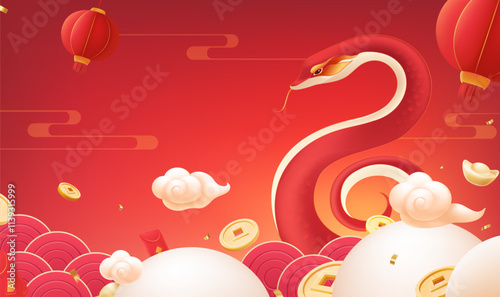 Spring Festival background design red snake in the cloud around the ingot and gold coins