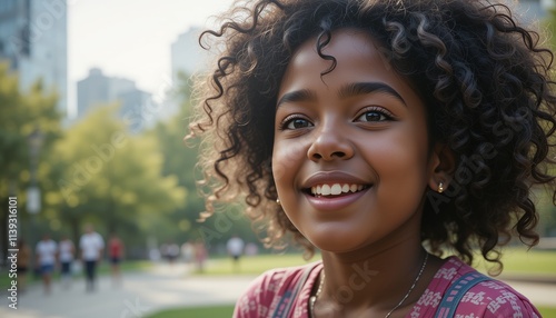 Portrait photo of the warm smile of a child playing in a city park photo