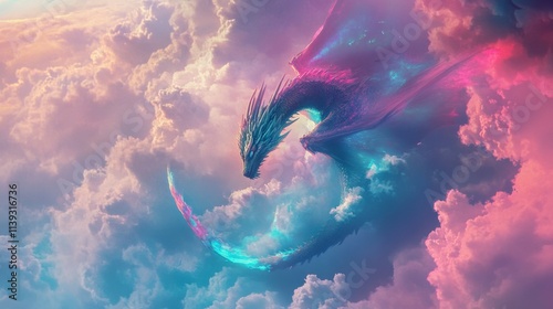 Majestic Dragon Soaring Through Pastel Cloudscape