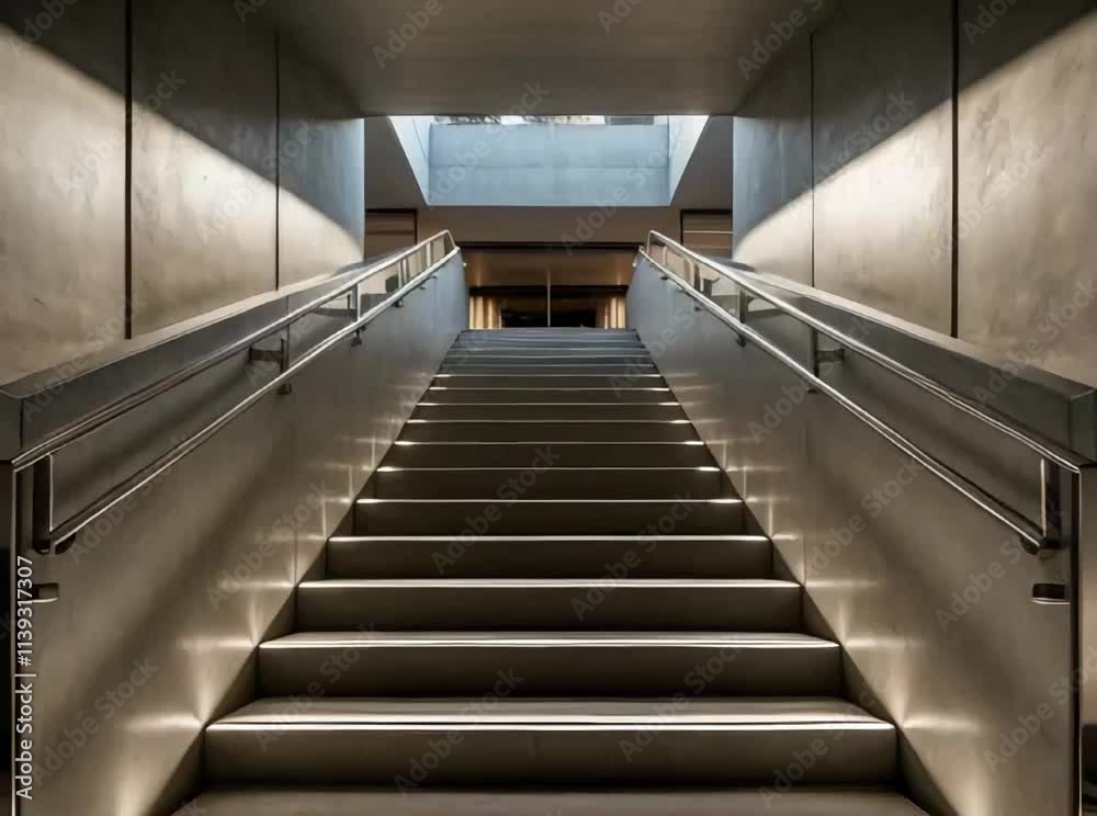a cinematic, high-contrast, low-angle photograph of sleek, smooth concrete steps descending from a modern atrium into an underground garage within an ultra-modern mansion a cinematic, high-contrast, low-angle photograph of sleek, smooth concrete steps descending from a modern atrium into an underground garage within an ultra-modern mansion