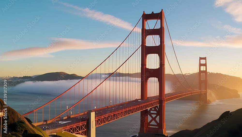 Fototapeta premium “Golden Gate Bridge at Sunrise” – A stunning view of the iconic Golden Gate Bridge in San Francisco, bathed in golden sunrise hues, with a solid pastel-blue sky in the background. 