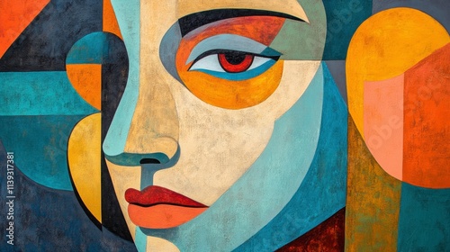 Cubist Portrait of a Woman with Red Lips and Bold Colors