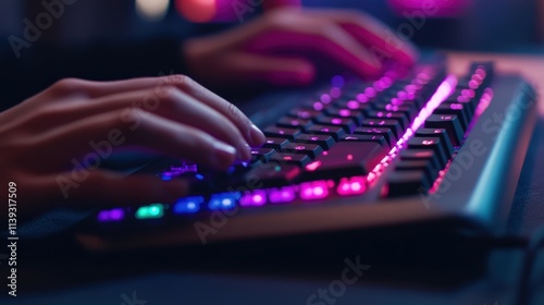 Hands typing on a backlit mechanical keyboard in a dark gaming setup during late night hours