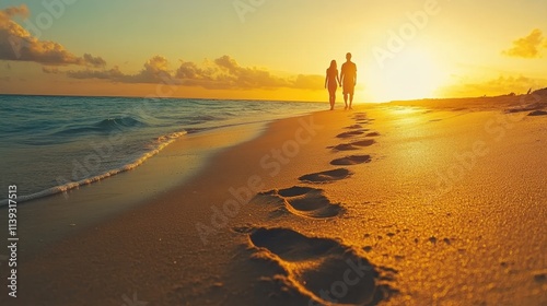 Couple walks hand in hand on the beach at sunset, leaving footprints in the sand near the ocean waves