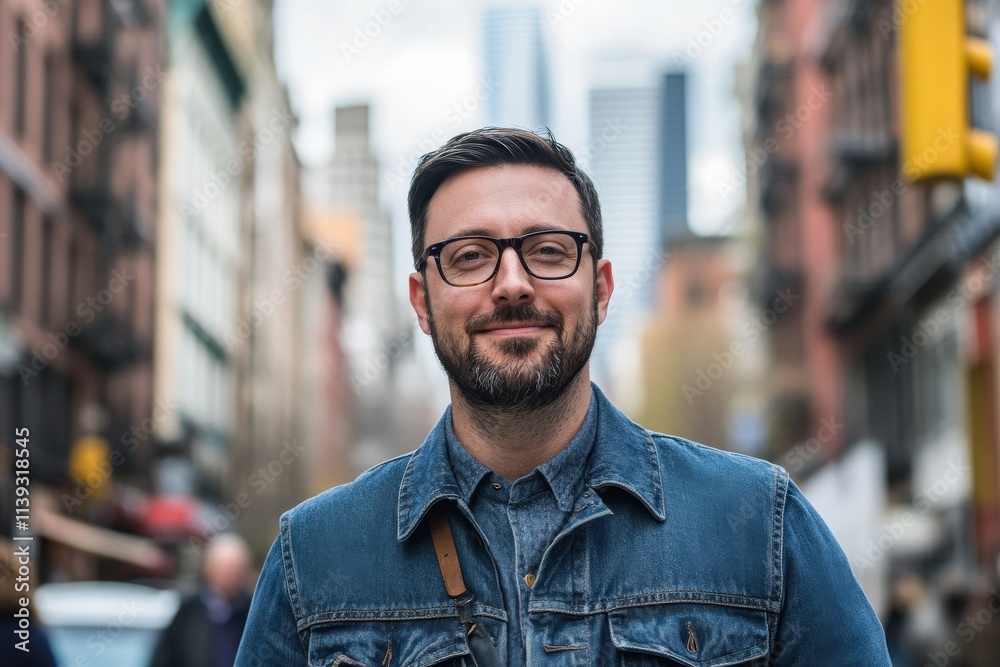 Confident Man in Denim Jacket Smiling in Urban Street Setting Confident Man in Denim Jacket Smiling in Urban Street Setting