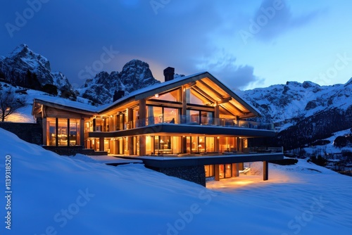Experience luxury in a ski chalet cozy atmosphere with glass panels reflecting snowy peaks in winter wonderland