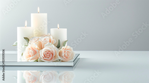  Elegant candle and peach rose centerpiece on mirrored surface