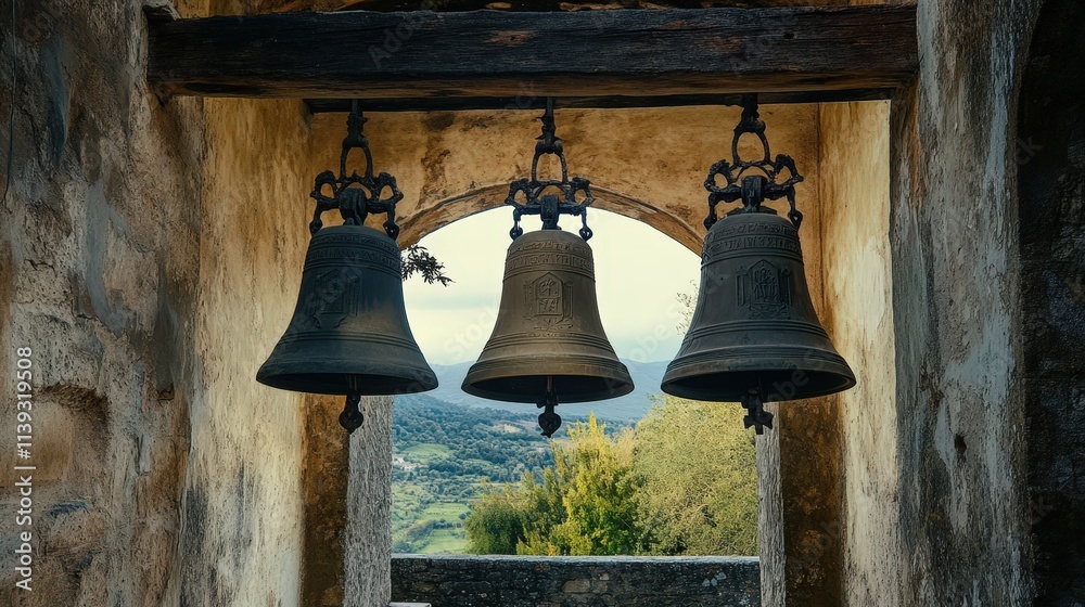 Obraz premium Three Ancient Bells Hang In A Rustic Stone Tower