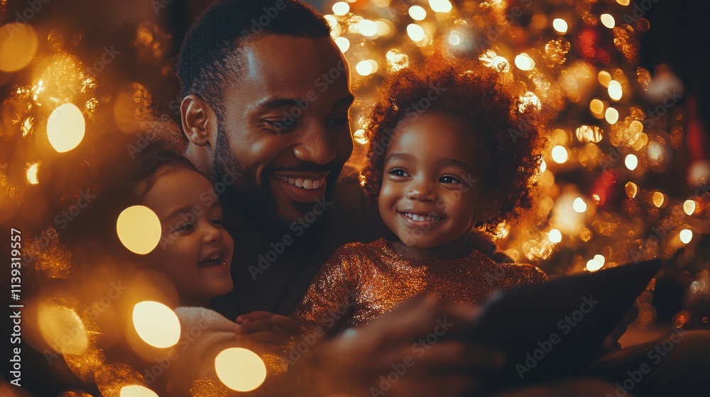 A happy Black father and his two daughters are sitting in front of a Christmas tree, watching something on a tablet. A happy Black father and his two daughters are sitting in front of a Christmas tree, watching something on a tablet.