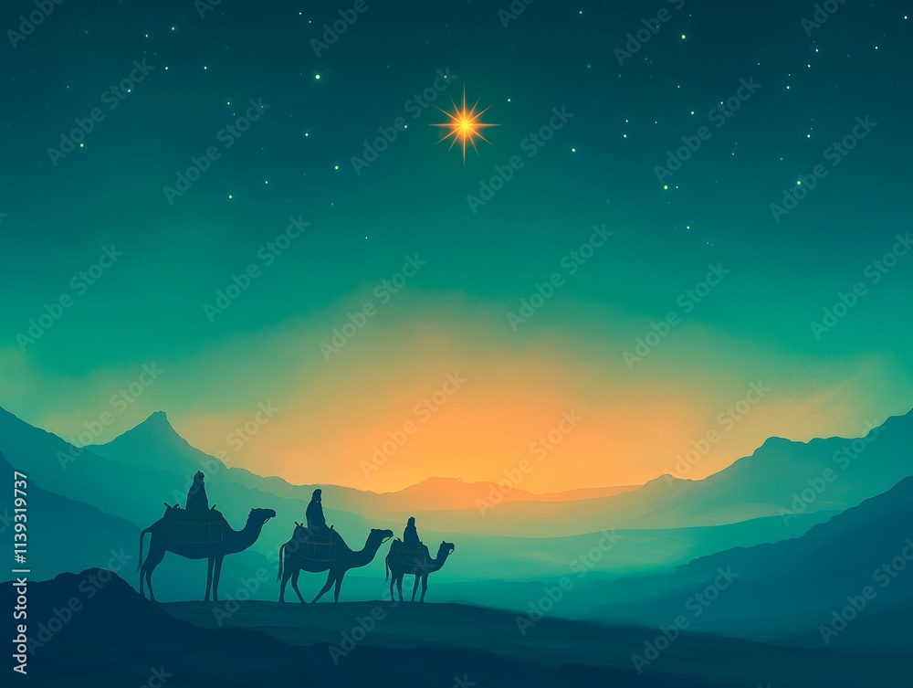 The three wise men journey across the desert on camels The three wise men journey across the desert on camels