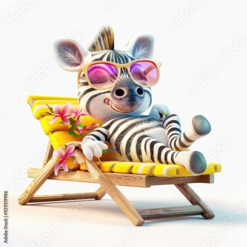 Funny zebra enjoys a sunny day on a lounger by the pool