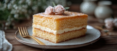 Delicious vanilla sponge cake layer with cream and sugar. photo