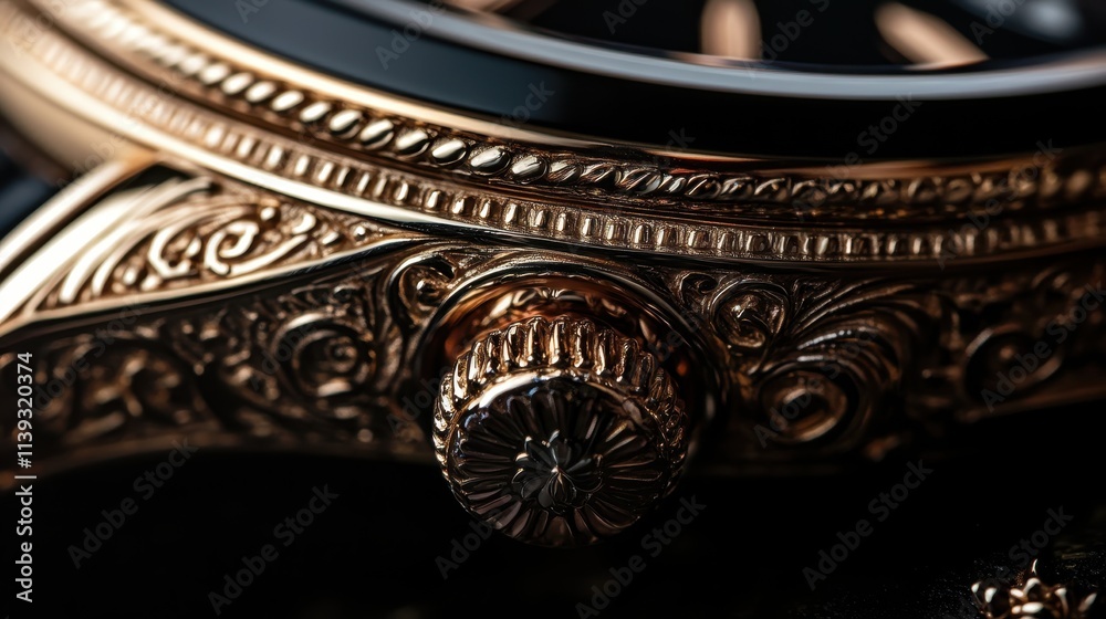 A close-up view highlights the fine engravings and textures on a luxury watch, emphasizing the artistry and attention to detail in its craftsmanship and design. A close-up view highlights the fine engravings and textures on a luxury watch, emphasizing the artistry and attention to detail in its craftsmanship and design.