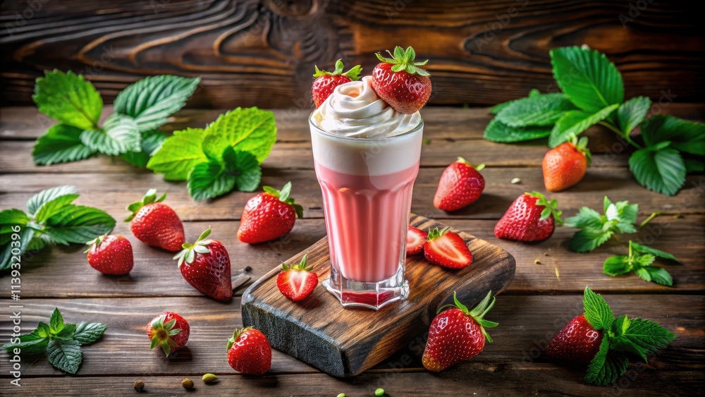 Aerial View of Delicious Strawberry Milkshake in Tall Glass with Fresh Strawberries and Whipped Cream - Perfect for Food Photography and Summer Treat Inspiration Aerial View of Delicious Strawberry Milkshake in Tall Glass with Fresh Strawberries and Whipped Cream - Perfect for Food Photography and Summer Treat Inspiration