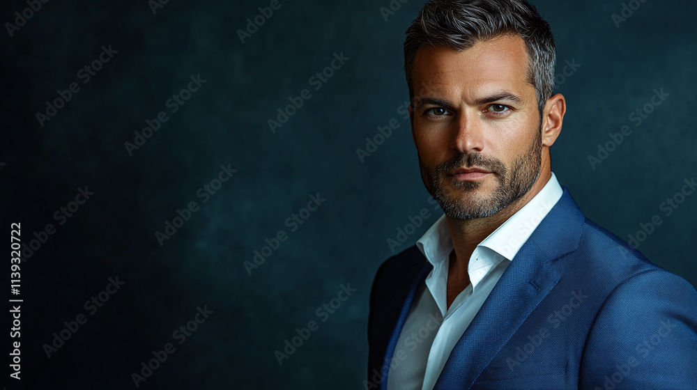 A handsome businessman in his wearing an elegant blue suit and white shirt, with a determined and serious look on his face. dark indigo blue studio wall background. A handsome businessman in his wearing an elegant blue suit and white shirt, with a determined and serious look on his face. dark indigo blue studio wall background.
