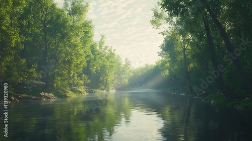 A serene forest scene with a river running through it
