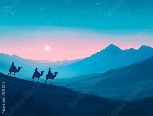 An illustration of the three wise men traveling across a vast desert on camels under a starlit sky photo