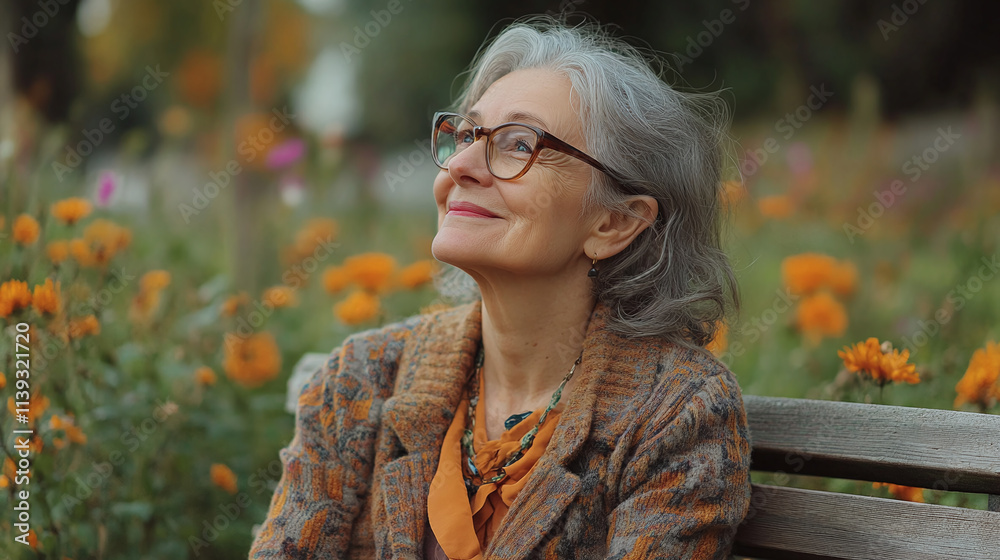 Happy old aged senior woman or grandma with gray hair, sitting on the wooden bench in nature park with flowers, wearing glasses, smiling and looking up to the sky. female pensioner leisure. Happy old aged senior woman or grandma with gray hair, sitting on the wooden bench in nature park with flowers, wearing glasses, smiling and looking up to the sky. female pensioner leisure.