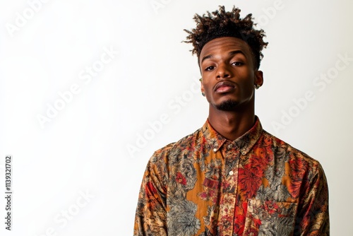 Stylish Young Man in Colorful Floral Shirt Posing Against a Simple Background