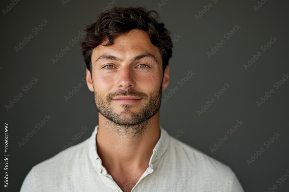 Confident Young Man with Natural Charm and Warm Smile Against a Dark Background Confident Young Man with Natural Charm and Warm Smile Against a Dark Background