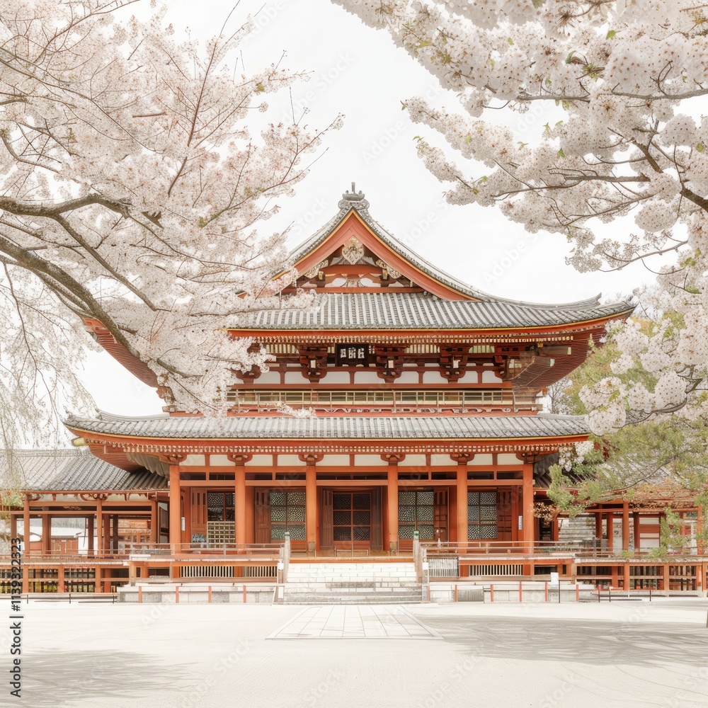 An ancient Japanese temple surrounded by cherry blossoms An ancient Japanese temple surrounded by cherry blossoms