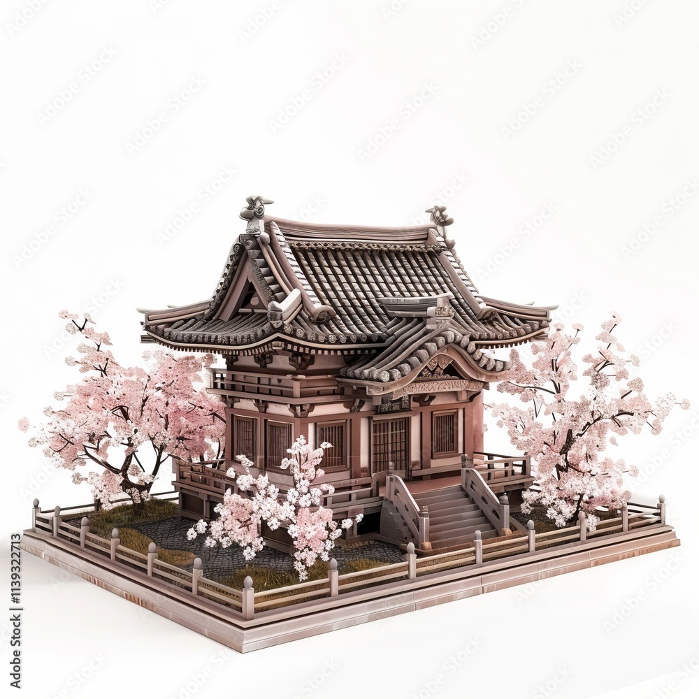 Fototapeta premium An ancient Japanese temple surrounded by cherry blossoms