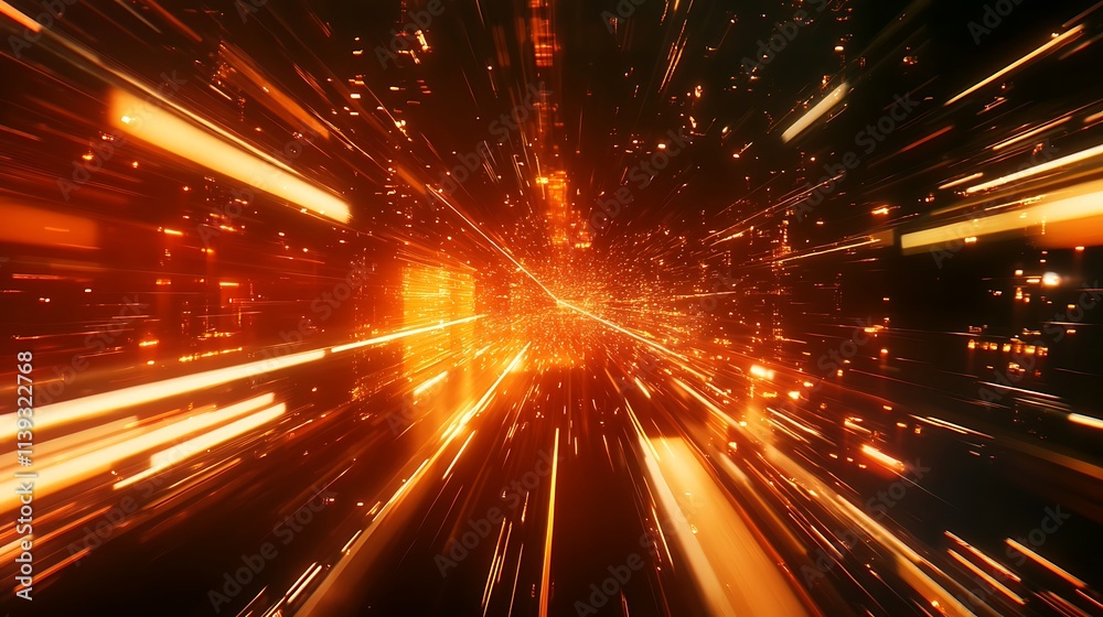 Blazing Orange Light Trails Through a Digital Hyperspace - 3D Render. AI Generated Blazing Orange Light Trails Through a Digital Hyperspace - 3D Render. AI Generated