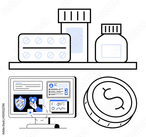 Pills, medicine bottles on shelf, computer with medical data, dollar coin. Ideal for healthcare, pharmacy, medical records, health insurance telemedicine medication costs financial planning. Line
