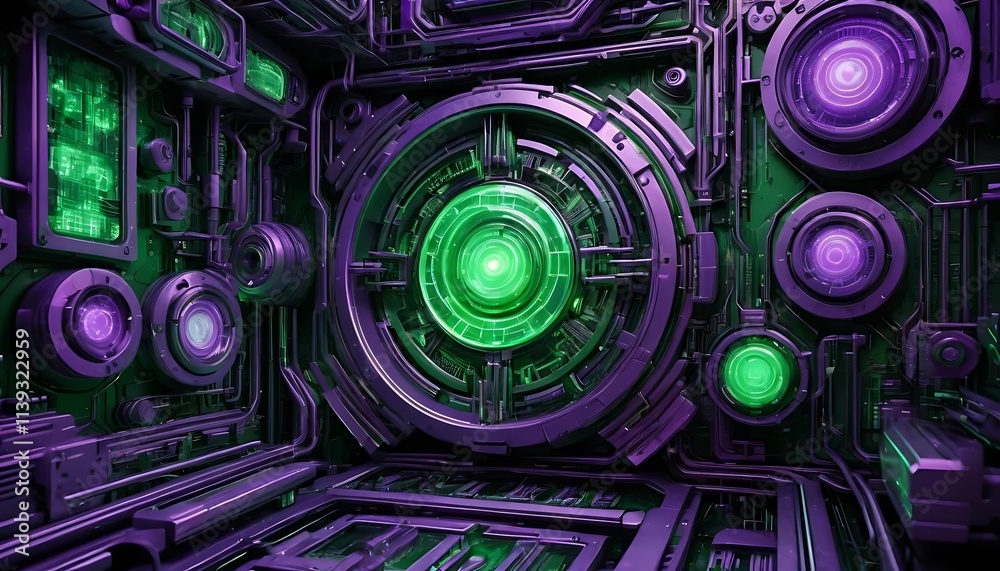 Futuristic Technological Marvel Green and Purple Lights Spaceship Interior Futuristic Technological Marvel Green and Purple Lights Spaceship Interior