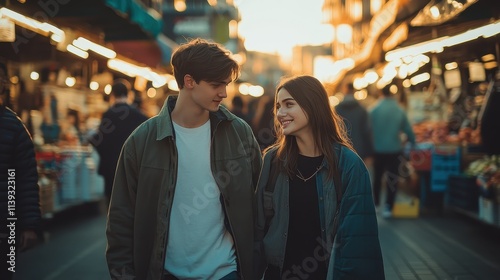 A young couple walks hand in hand through a vibrant market filled with various stalls, illuminated by soft golden light as the sun sets, creating a warm atmosphere for their outing.