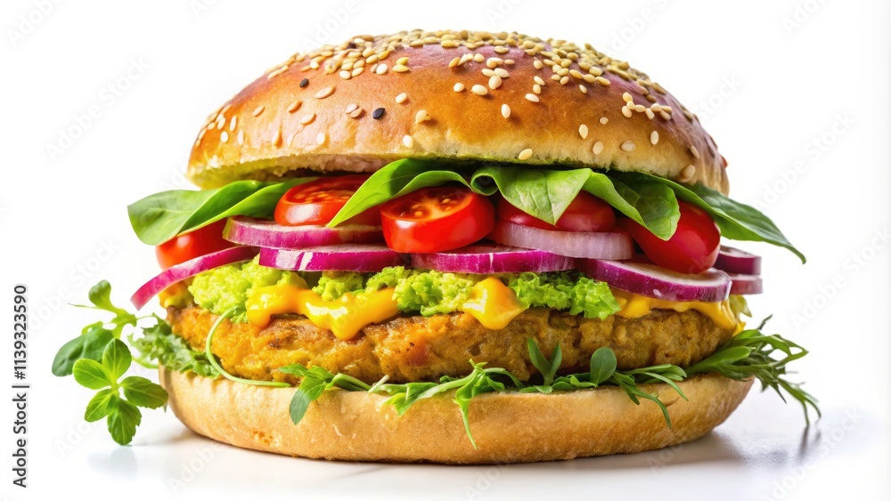 Chickpea Burger Delight on Sesame Bun with Fresh Toppings in Low Light Photography Chickpea Burger Delight on Sesame Bun with Fresh Toppings in Low Light Photography