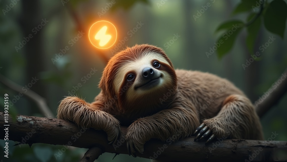 Fototapeta premium relaxed sloth lying on a tree branch. Above the sloth's head is a glowing 