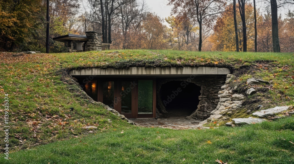 Fototapeta premium Hillside House Entrance Autumn Woods Setting