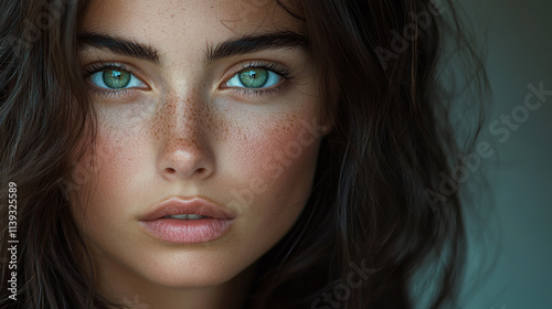 Closeup studio portrait photography of a beautiful young woman with brunette hair, face and green eyes. feminine youthful female person cheeks, serious face expression, looking at the camera.