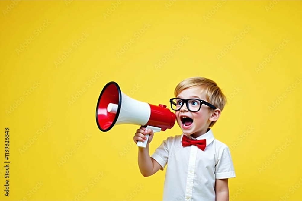 Smart Young Boy in Glasses and Red Bowtie Yelling Through Megaphone Against Yellow Background for School Announcement Concept Smart Young Boy in Glasses and Red Bowtie Yelling Through Megaphone Against Yellow Background for School Announcement Concept