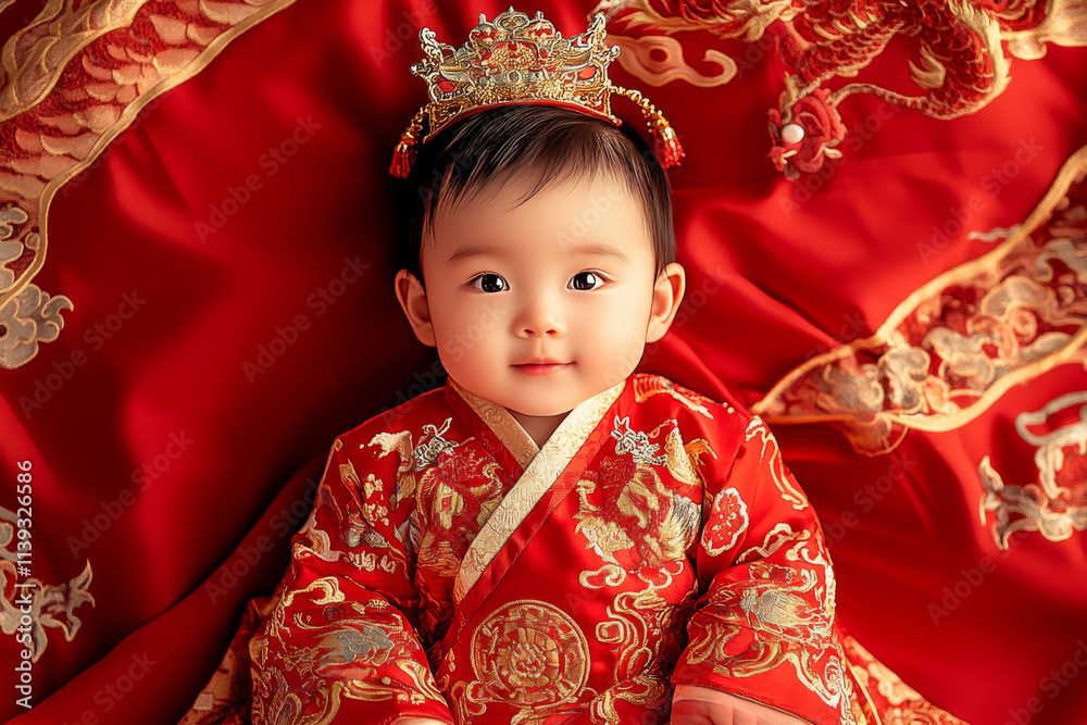 joyful baby dressed in traditional red outfit with intricate gold embroidery, wearing crown, surrounded by rich red fabric. scene radiates warmth and cultural significance joyful baby dressed in traditional red outfit with intricate gold embroidery, wearing crown, surrounded by rich red fabric. scene radiates warmth and cultural significance